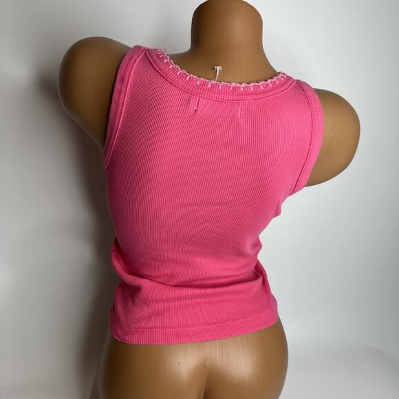 U2 Ladies Y2k Pink Ribbed Tank Embroidered Trim Coquette Baby Tee Dollcore XS - Picture 2 of 10
